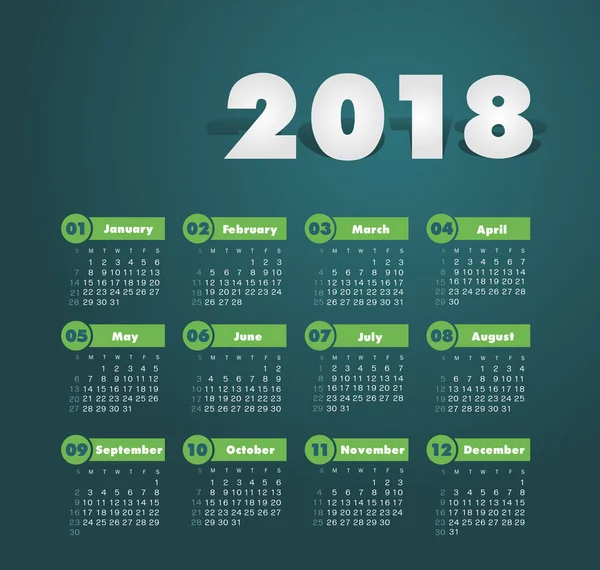 Kalender 2018 Jahr. Woche beginnt am Sonntag — Stockvektor