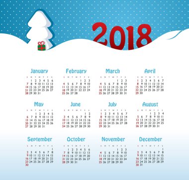 Takvim 2018 yıl. Pazar hafta başlıyor