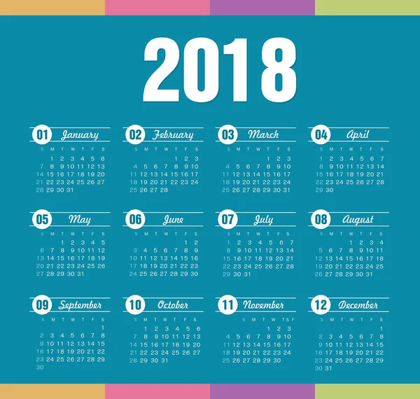 Calendrier 2018 année. Semaine commence à partir de dimanche — Image vectorielle