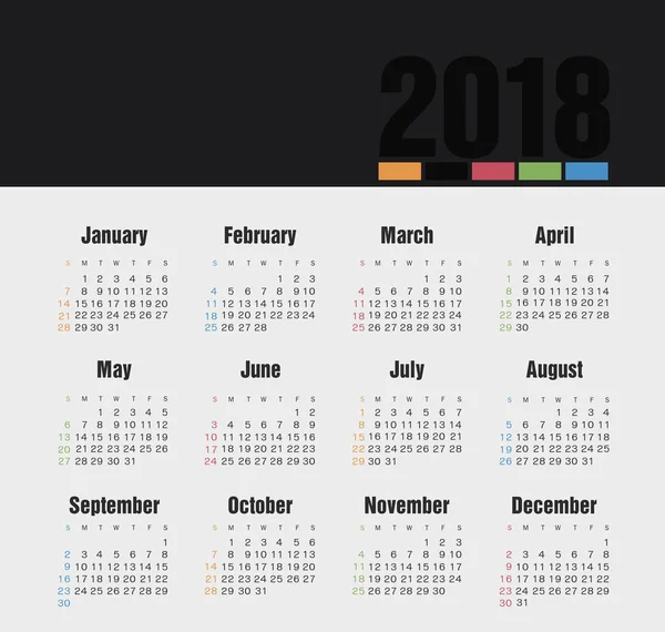 Kalender 2018 Jahr. Woche beginnt am Sonntag — Stockvektor