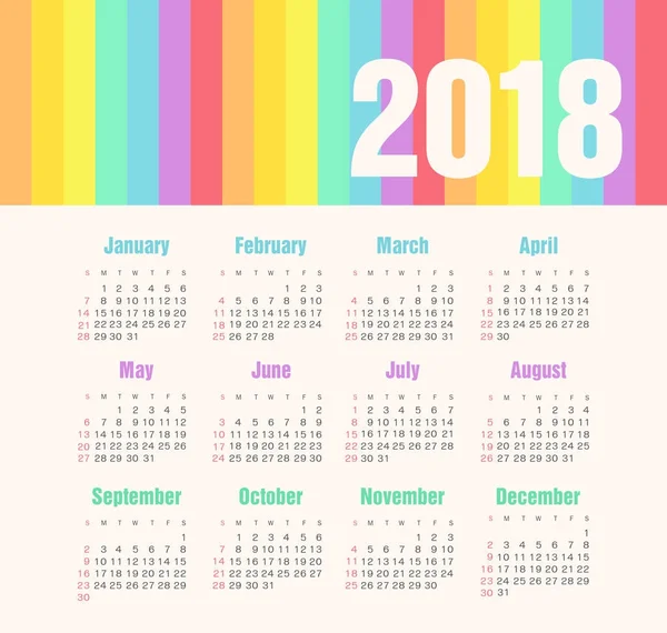 Kalender 2018 Jahr. Woche beginnt am Sonntag — Stockvektor