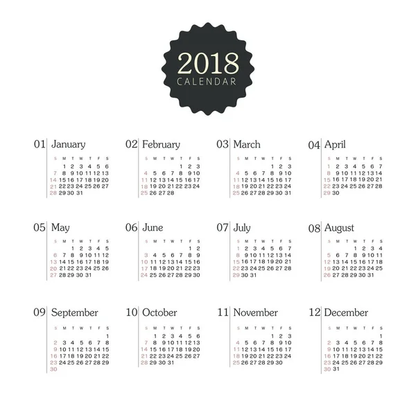 Calendrier 2018 année. Semaine commence à partir de dimanche — Image vectorielle