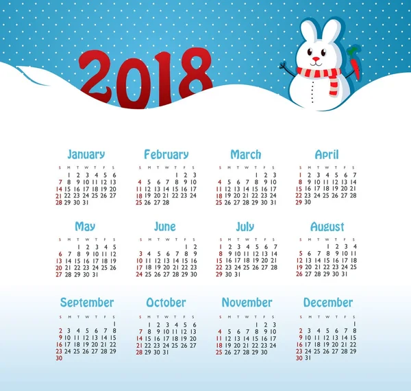 2018 kalendářní rok. Začíná týden od neděle — Stockový vektor