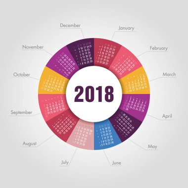 Takvim 2018 yuvarlak şekli. Hafta başlar Pazar