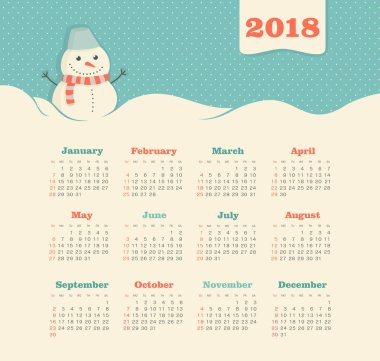 Takvim 2018 yıl. Pazar hafta başlıyor