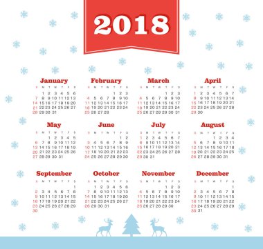 Takvim 2018 yıl. Pazar hafta başlıyor