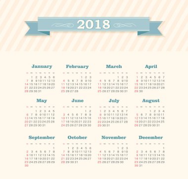 Takvim 2018 yıl. Pazar hafta başlıyor