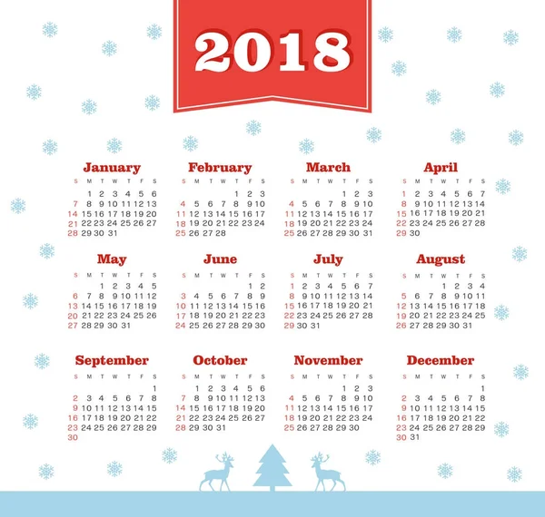 Kalender 2018 år. Veckan börjar från söndag — Stock vektor