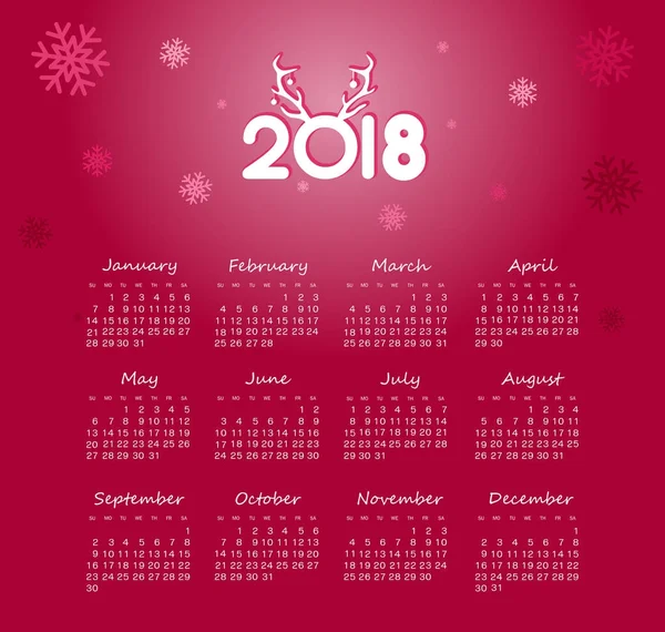 Календар 2018 року. Тиждень починається з неділі — стоковий вектор