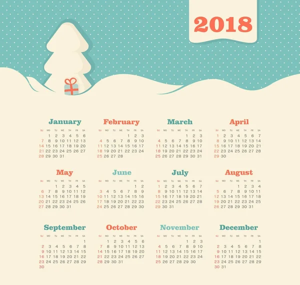 Calendar 2018 year. Week starts from Sunday — Stock Vector