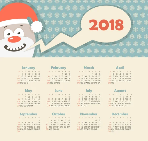 Календарь 2018 года. Неделя начинается в воскресенье — стоковый вектор