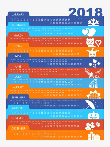 Calendrier 2018 année. Semaine commence à partir de dimanche — Image vectorielle