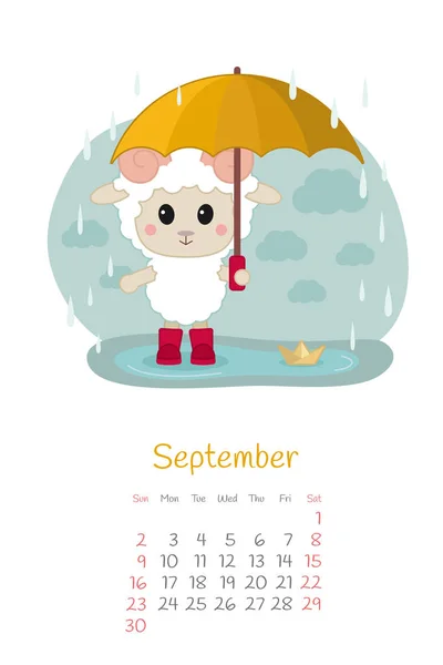Calendrier 2018 mois septembre avec moutons — Image vectorielle