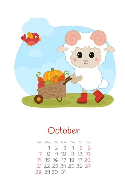 Calendario 2018 mesi ottobre con pecore — Vettoriale Stock
