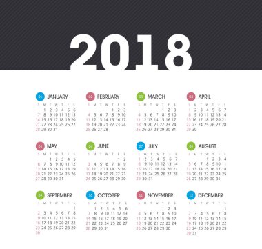 Takvim 2018 yıl. Pazar hafta başlıyor