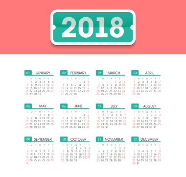 Takvim 2018 yıl. Pazar hafta başlıyor