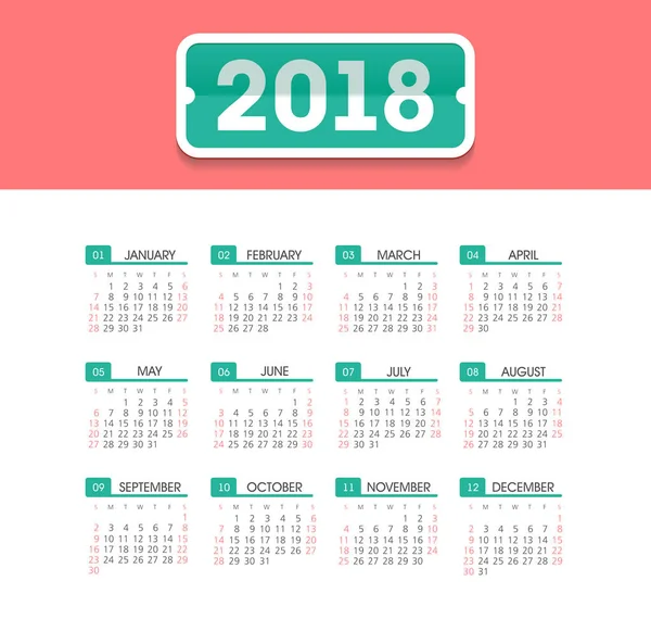 Calendrier 2018 année. Semaine commence à partir de dimanche — Image vectorielle