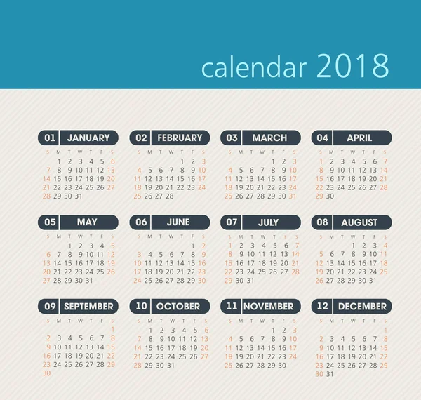 Kalender 2018 Jahr. Woche beginnt am Sonntag — Stockvektor