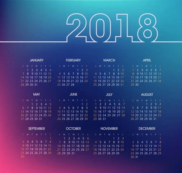 Calendrier 2018 année. Semaine commence à partir de dimanche — Image vectorielle