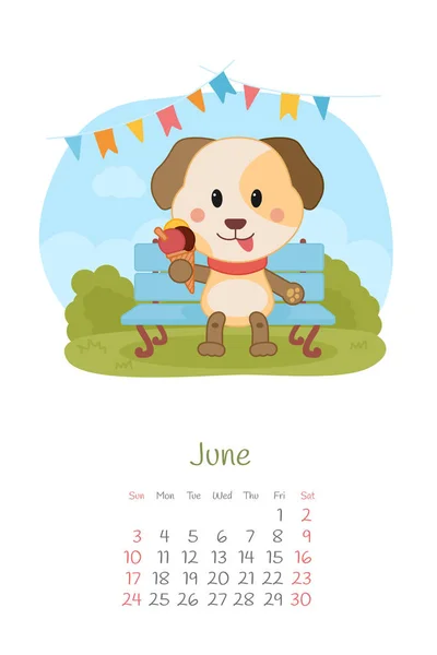 Calendário 2018 meses junho com cão — Vetor de Stock