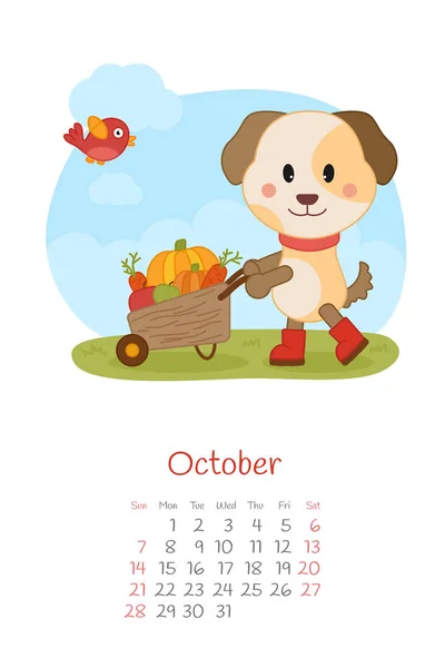 Calendario 2018 mesi ottobre con cane — Vettoriale Stock