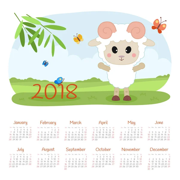 Календарь 2018 года. Неделя начинается в воскресенье — стоковый вектор