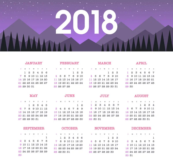 Kalender 2018 Jahr. Woche beginnt am Sonntag — Stockvektor