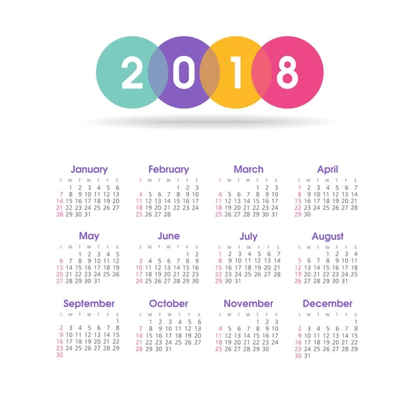 Calendar 2018 year. Week starts from Sunday — Stock Vector