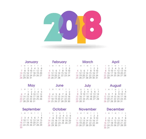 Calendrier 2018 année. Semaine commence à partir de dimanche — Image vectorielle