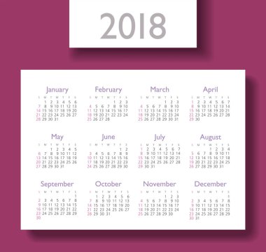 Takvim 2018 yıl. Pazar hafta başlıyor