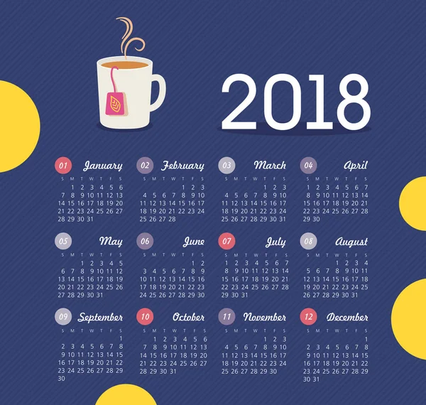 Kalender 2018 år. Veckan börjar från söndag — Stock vektor