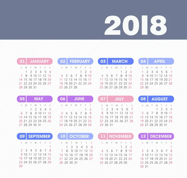 Calendrier 2018 année. Semaine commence à partir de dimanche — Image vectorielle