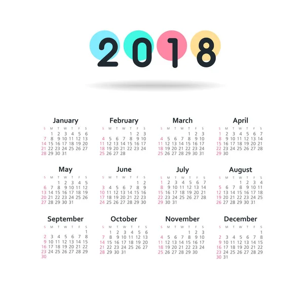 Calendario 2018 año. La semana comienza el domingo — Archivo Imágenes Vectoriales