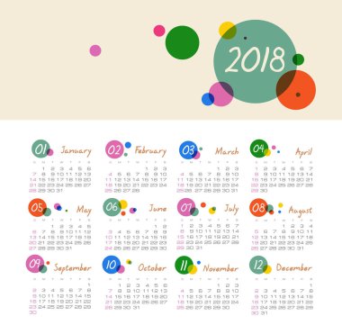 Vektör takvim 2018 yıl. Hafta başlar Pazar