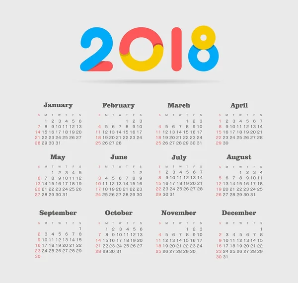 Calendario vectorial 2018 año. Semana comienza el domingo — Vector de stock
