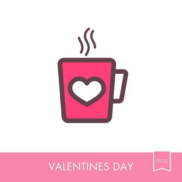 Xícara de chá com coração e vapor ícone linha fina — Vetor de Stock