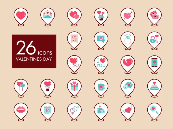 Día de San Valentín establecer iconos de mapa pin — Archivo Imágenes Vectoriales