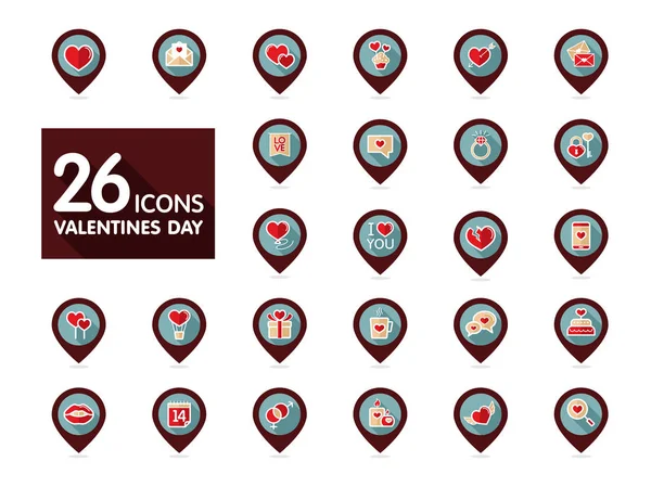 Día de San Valentín establecer iconos de mapa pin — Archivo Imágenes Vectoriales