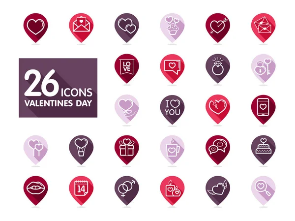 Día de San Valentín establecer iconos de mapa pin — Archivo Imágenes Vectoriales