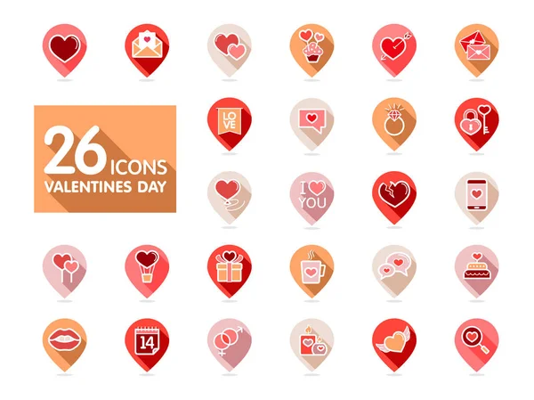 Día de San Valentín establecer iconos de mapa pin — Archivo Imágenes Vectoriales