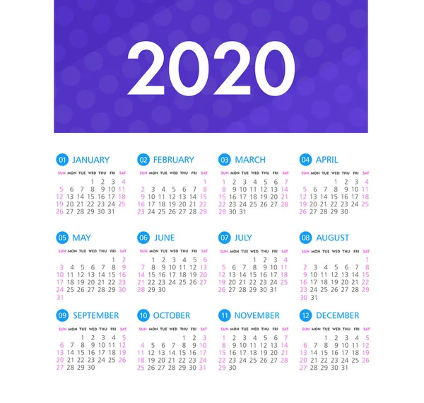 Vector kalender 2020 jaar. Week begint vanaf zondag — Stockvector