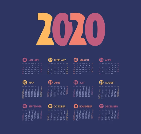 Vektorkalender 2020 Jahr. Woche beginnt am Sonntag — Stockvektor