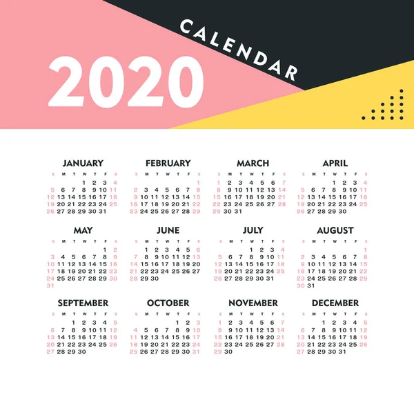 Calendrier vectoriel 2020 année. Semaine commence à partir de dimanche — Image vectorielle