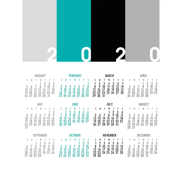 Calendario vettoriale 2020 anno. Settimana a partire da Domenica — Vettoriale Stock