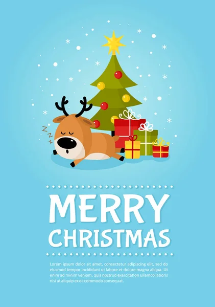 Santa hert slaapt onder de kerstboom met geschenken — Stockvector