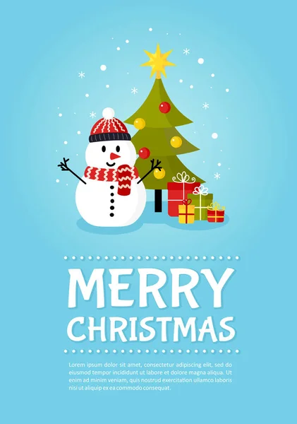 Bonhomme de neige près de l'arbre de Noël avec cadeaux — Image vectorielle
