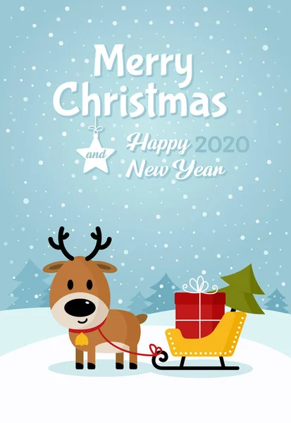 Ciervo Santa con trineo, regalo y árbol de Navidad — Archivo Imágenes Vectoriales
