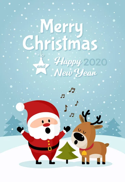 Santa Claus con ciervos cantando cerca del árbol de Navidad — Archivo Imágenes Vectoriales