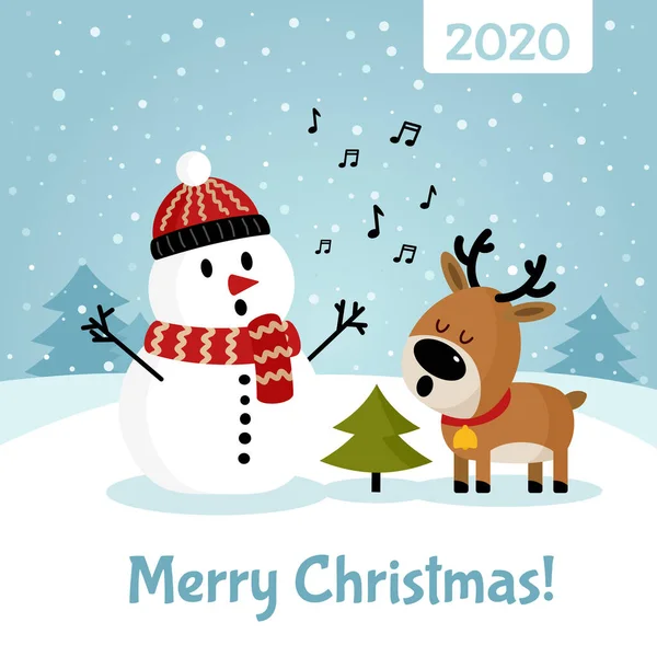 Geyikli kardan adam Noel ağacının yanında şarkı söylüyor.