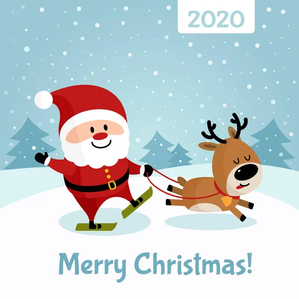 Santa Claus and deer skiing — Stock Vector